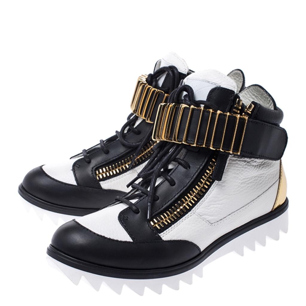 Giuseppe Zanotti Leather Metal Embellished Strap High Top Sneakers Size 37.5 In Excellent Condition In Dubai, Al Qouz 2