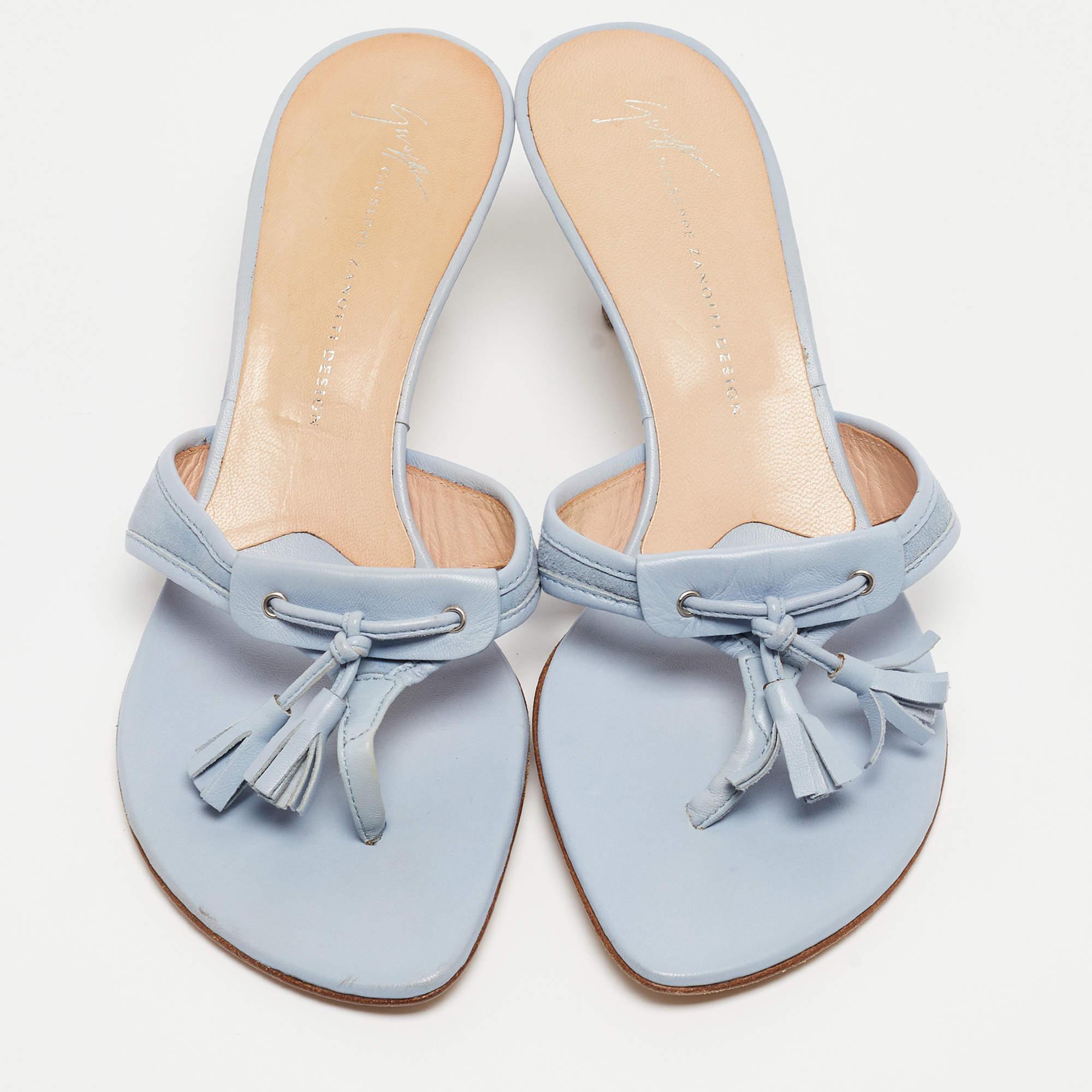 Gray Giuseppe Zanotti Light Blue Leather Tassel Thong Side Sandals Size 40
