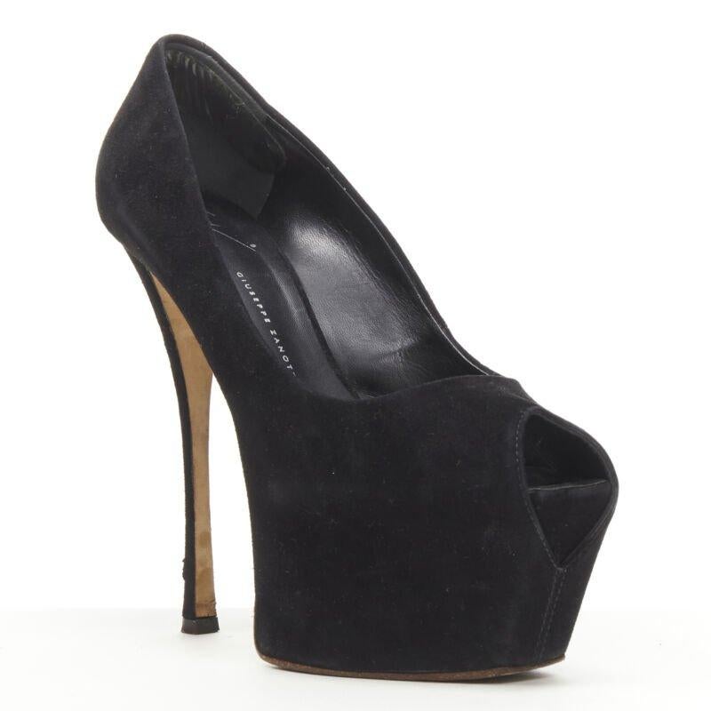 GIUSEPPE ZANOTTI Liza black suede platform high platform peep toe heel EU38
Reference: KEDG/A00123
Brand: Giuseppe Zanotti
Model: Liza
Material: Suede
Color: Black
Pattern: Solid
Lining:  Leather
Extra Details: Peep toe. High platform.
Made in:
