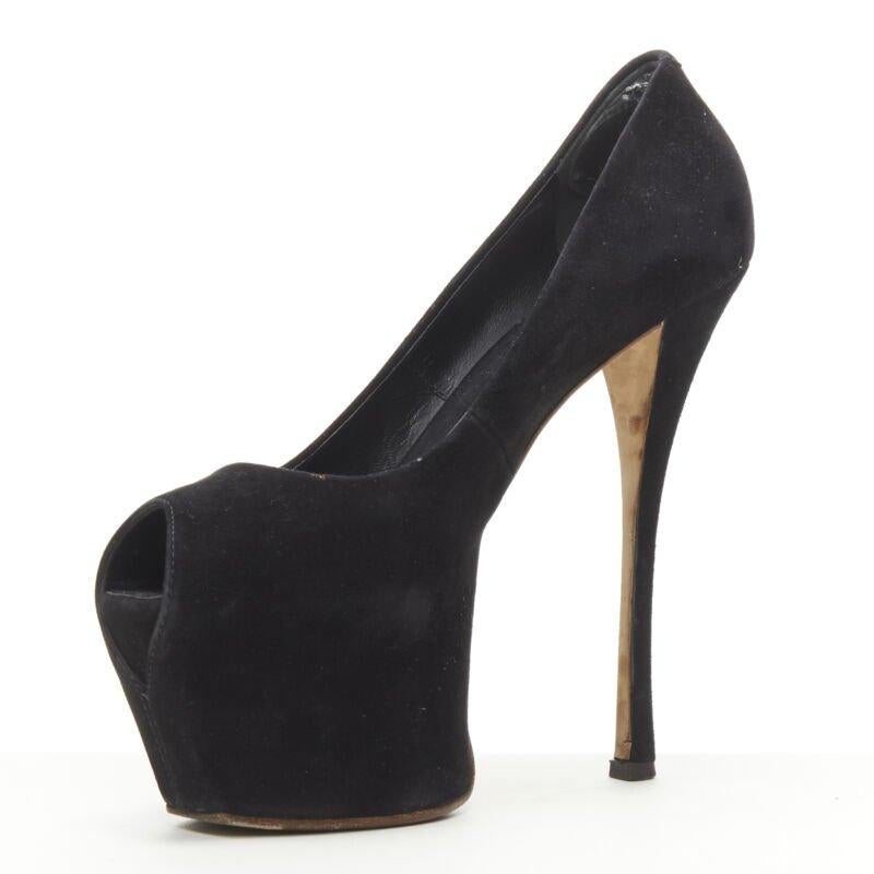 GIUSEPPE ZANOTTI Liza black suede platform high platform peep toe heel EU38 In Good Condition In Hong Kong, NT