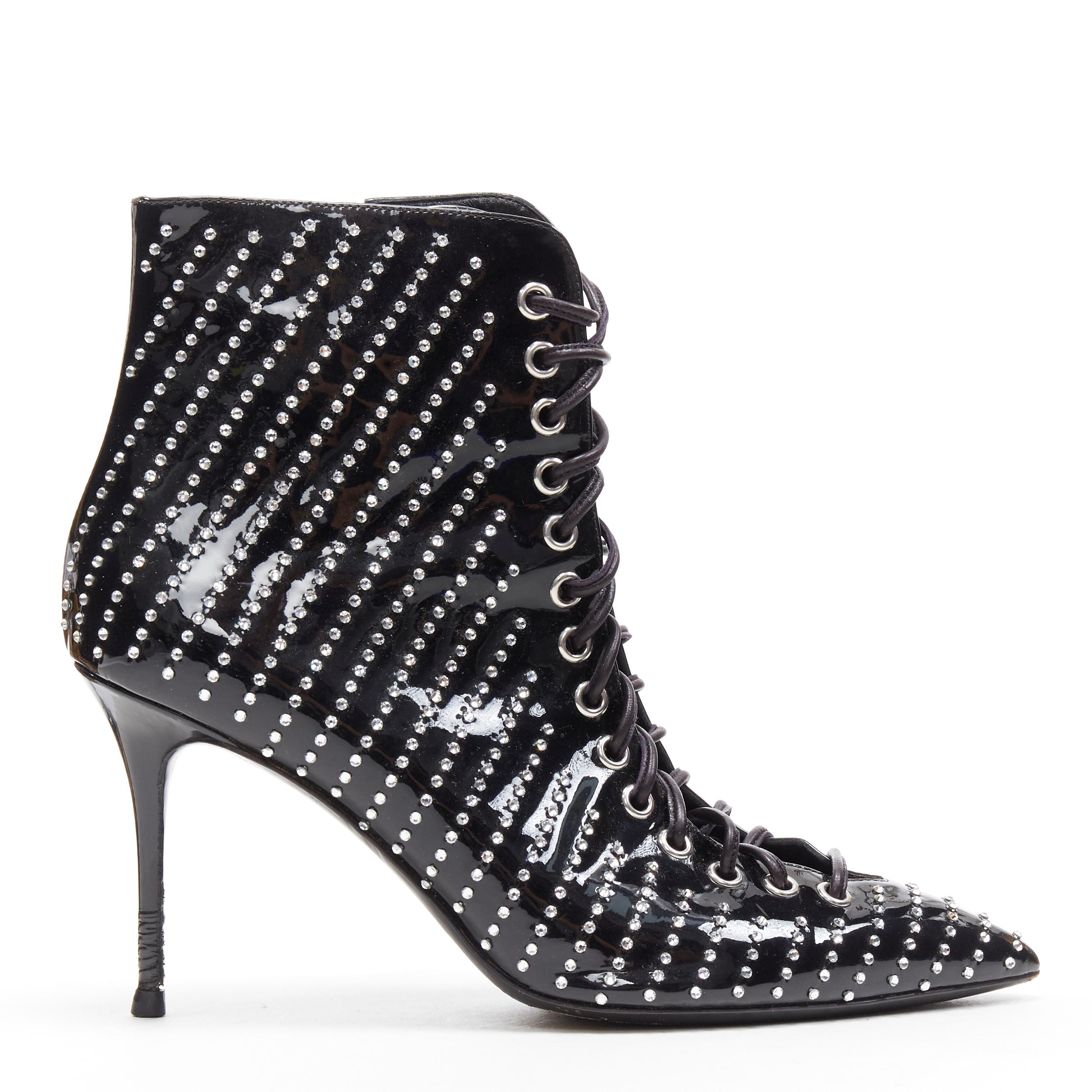 GIUSEPPE ZANOTTI Lucrezia black patent crystal embellished  lace up bootie EU39
Brand: Giuseppe Zanotti
Model Name / Style: Lucrezia
Material: Patent leather
Color: Black
Pattern: Solid
Closure: Zip
Extra Detail: High (3-3.9 in) heel height. Pointed