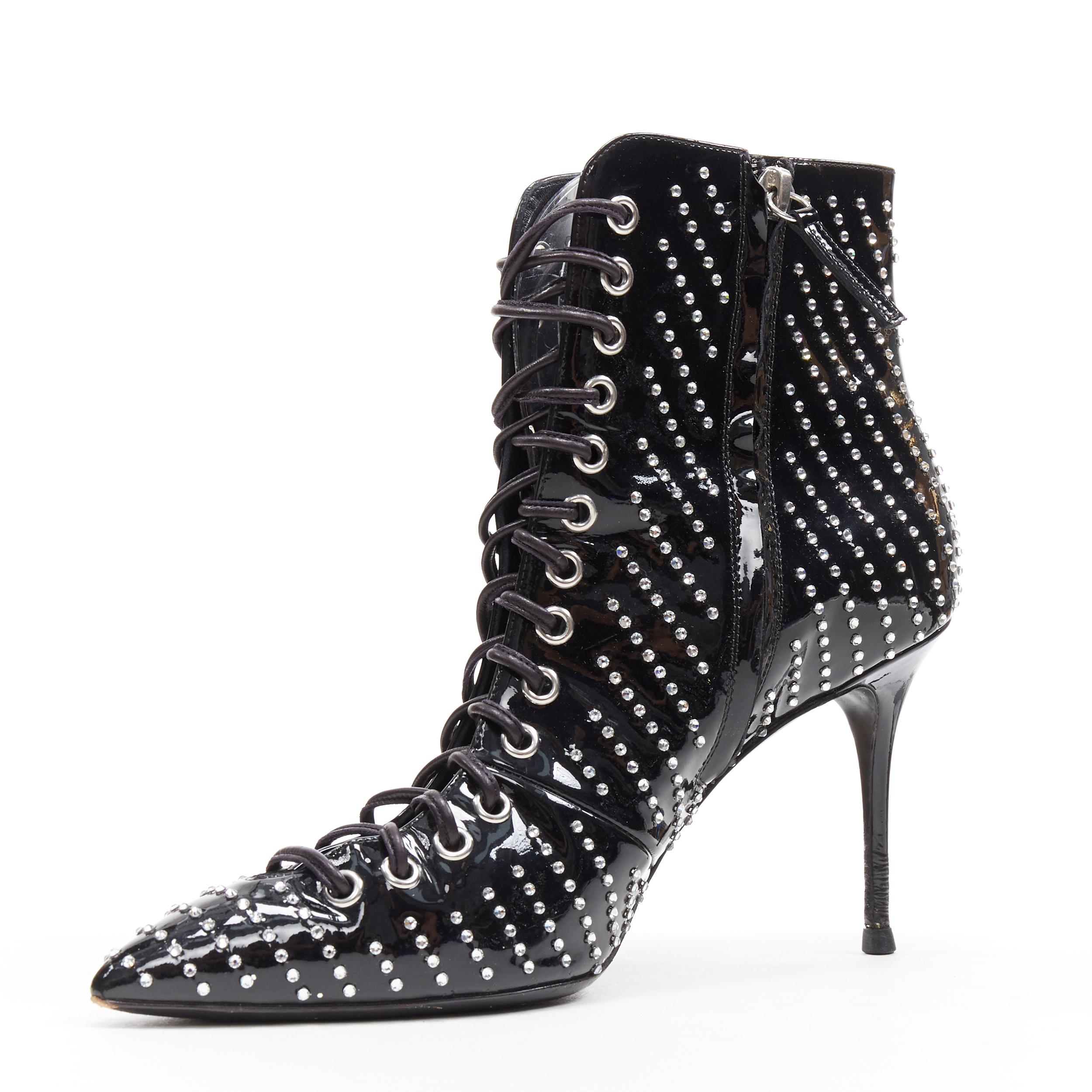 GIUSEPPE ZANOTTI Lucrezia black patent crystal embellished  lace up bootie EU39 In Good Condition In Hong Kong, NT