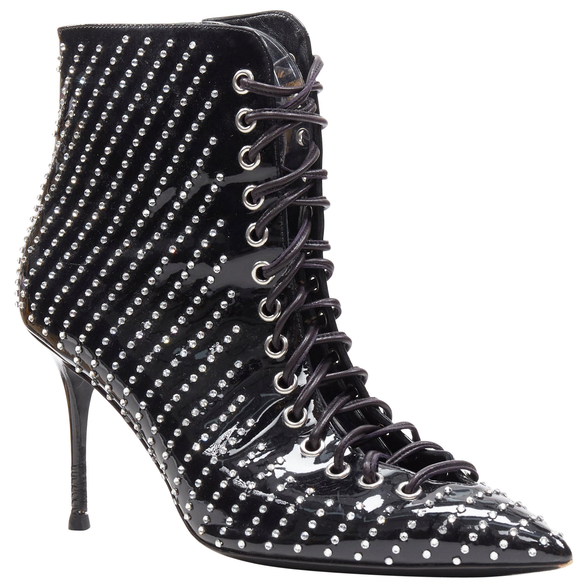 GIUSEPPE ZANOTTI Lucrezia black patent crystal embellished  lace up bootie EU39