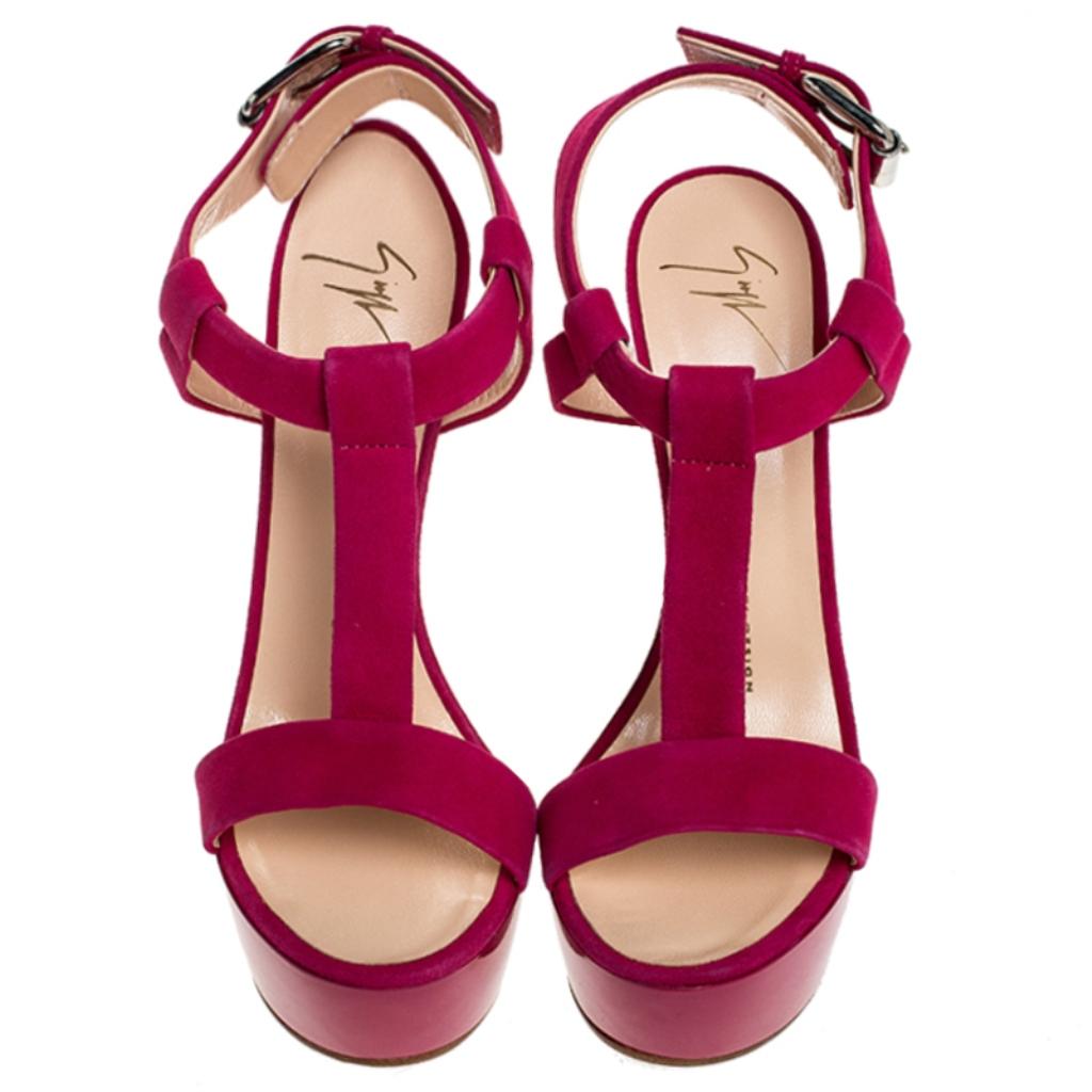 Red Giuseppe Zanotti Magenta Suede T Strap Sculpted Wedge Sandals Size 36.5