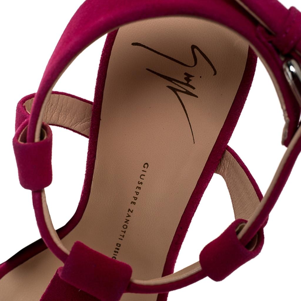 Giuseppe Zanotti Magenta Suede T Strap Sculpted Wedge Sandals Size 36.5 2