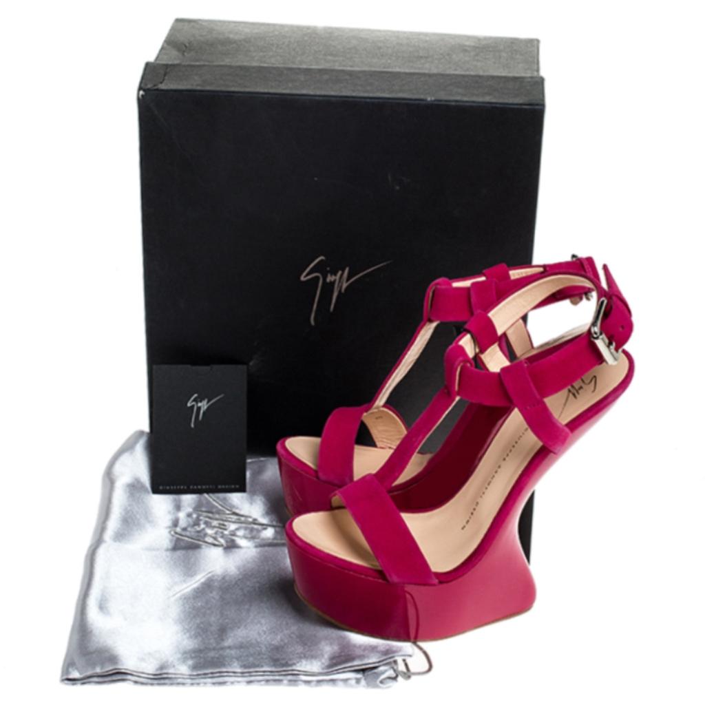 Giuseppe Zanotti Magenta Suede T Strap Sculpted Wedge Sandals Size 36.5 3