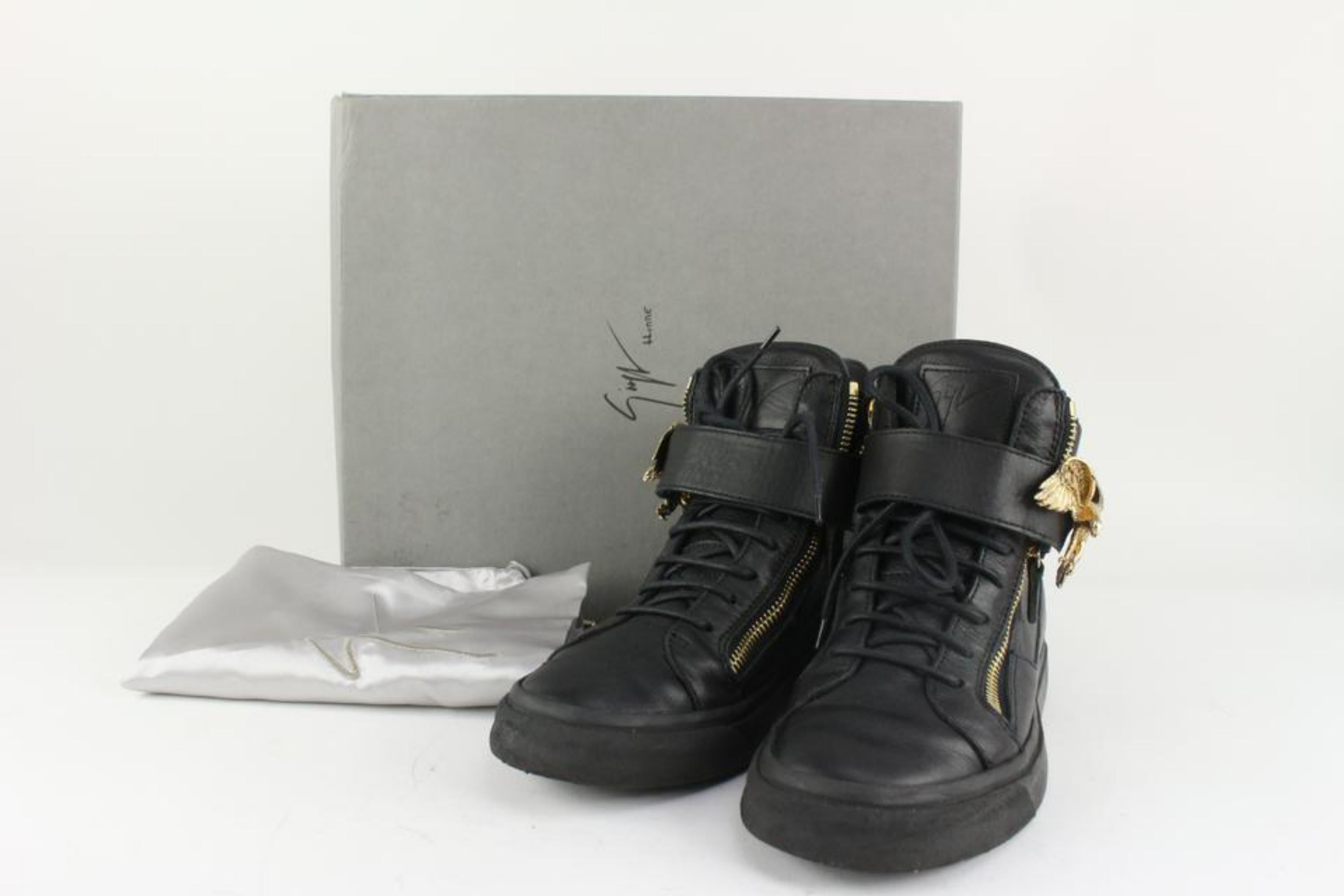 Giuseppe Zanotti Men's 40 Black Leather High Top Gold Eagle London Sneaker 4GZ88 For Sale 6