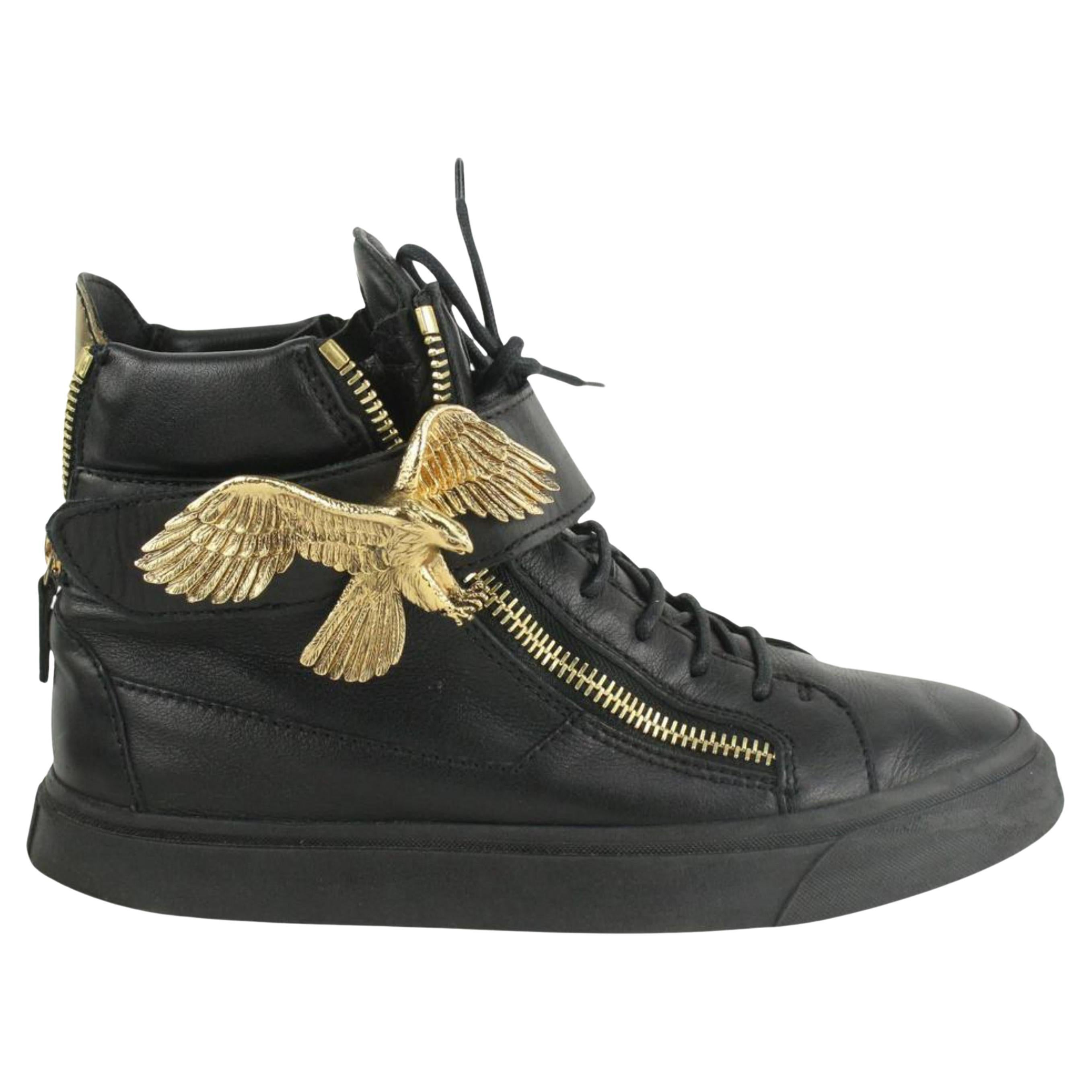 Giuseppe Zanotti Men's 40 Black Leather High Top Gold Eagle London Sneaker 4GZ88