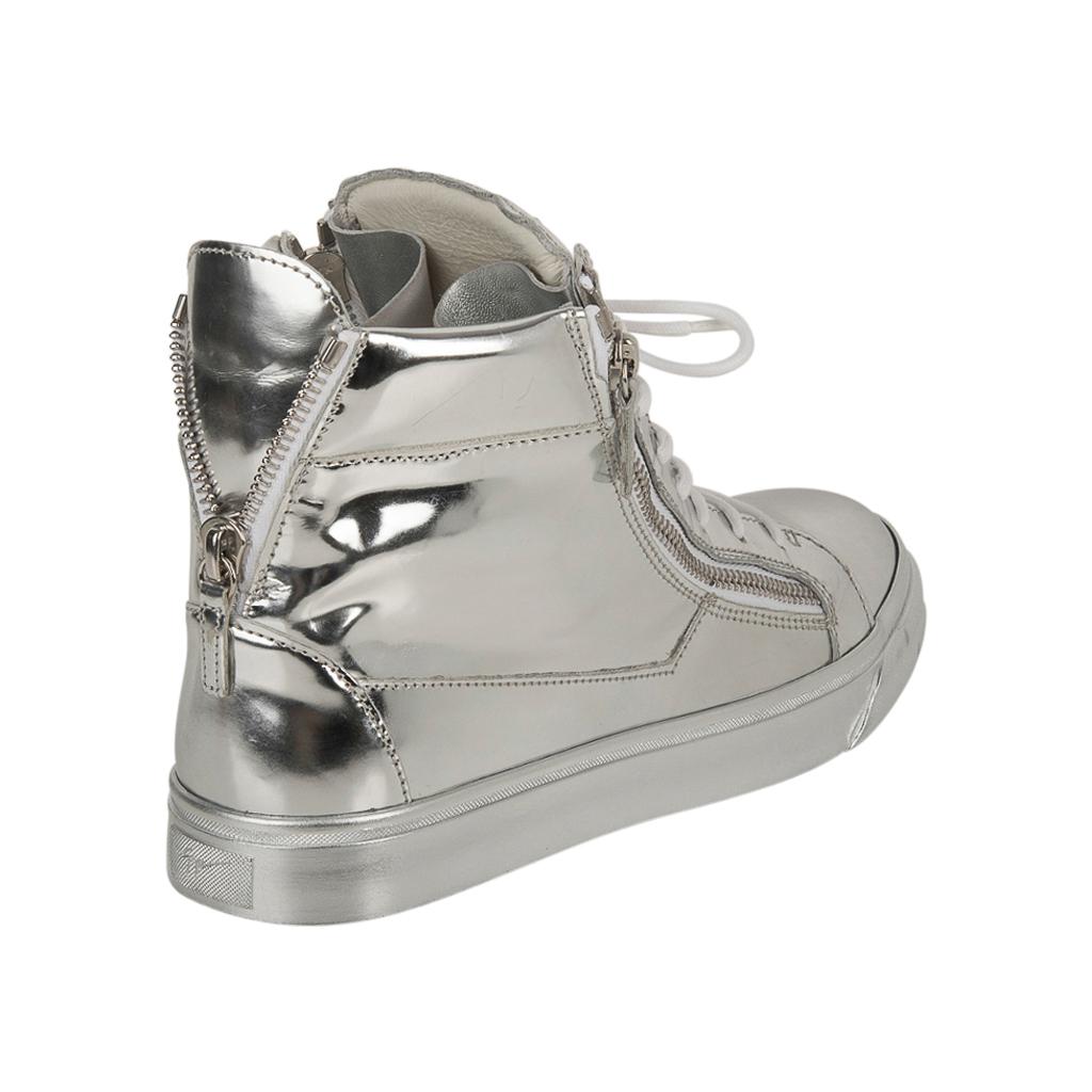 Giuseppe Zanotti Men's Silver Mirror High Top Sneaker w/ Zip Detail 43 / 10 In Good Condition In Miami, FL