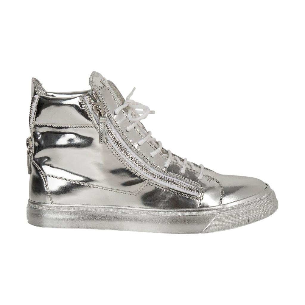 Giuseppe Zanotti Men's Silver Mirror High Top Sneaker w/ Zip Detail 43 / 10