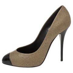 Used Giuseppe Zanotti Metallic Beige Leather And Patent Cap Toe Pumps Size 37.5