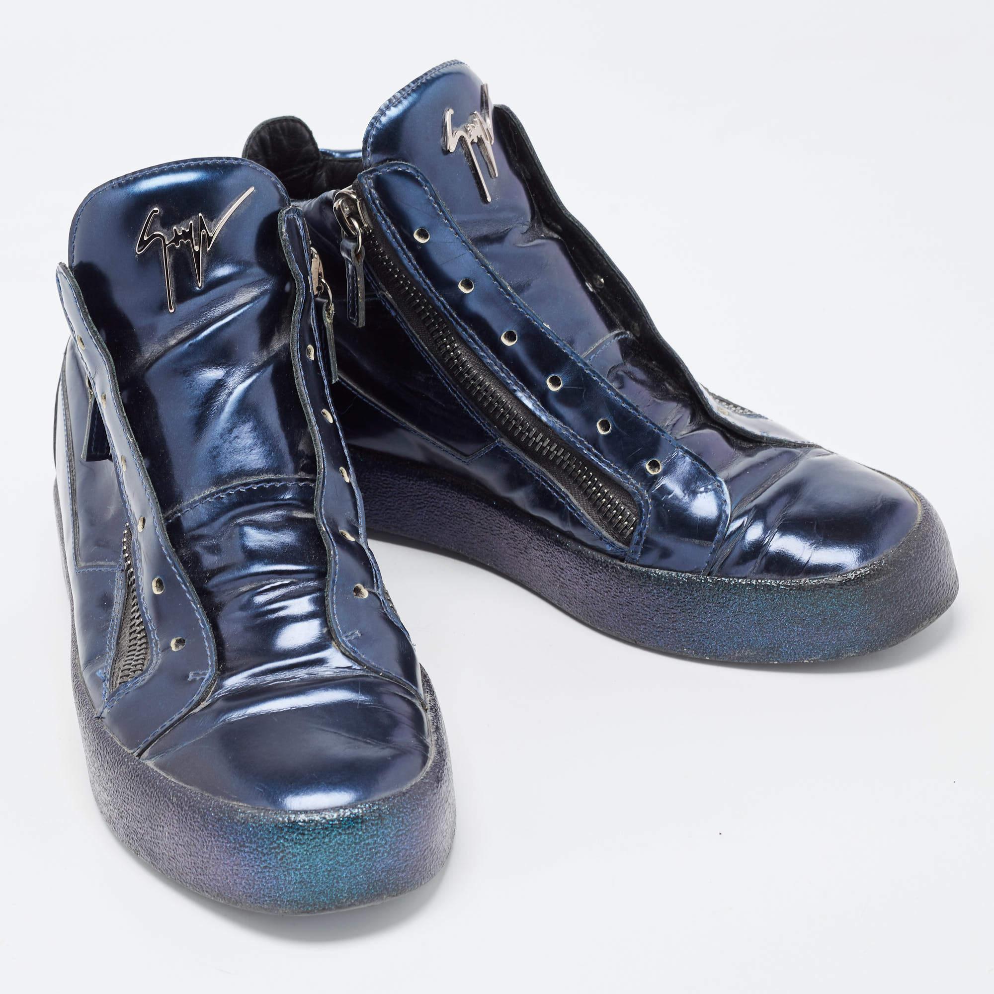 Giuseppe Zanotti Metallic Blue Leather High top Sneakers Size 42 For Sale 3