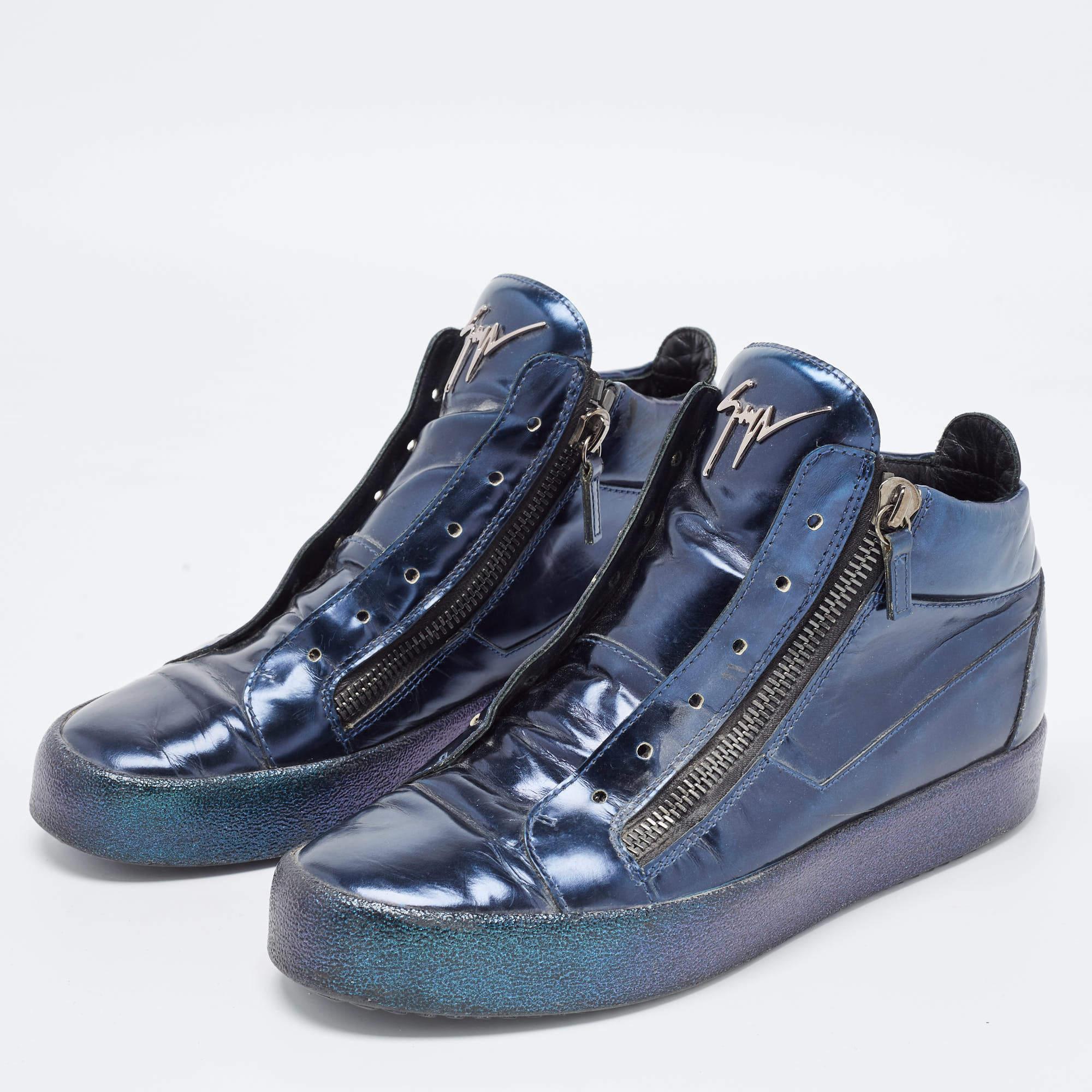 Giuseppe Zanotti Metallic Blue Leather High top Sneakers Size 42 For Sale 4