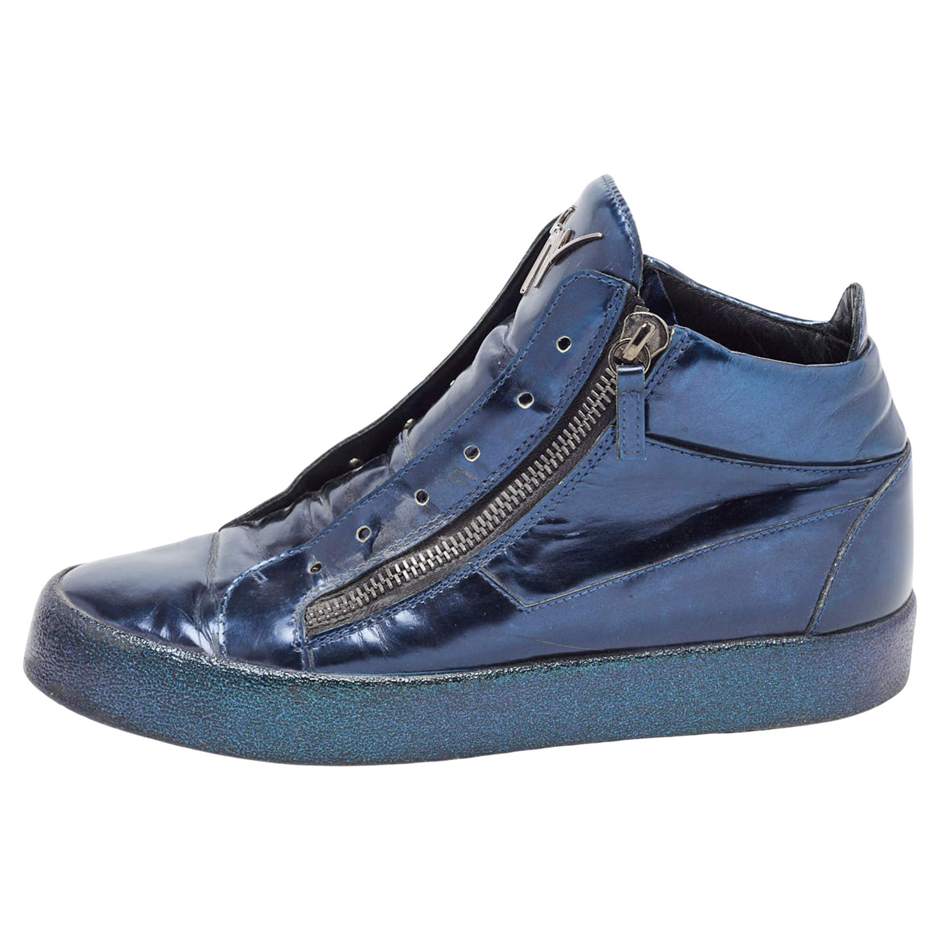Giuseppe Zanotti Metallic Blue Leather High top Sneakers Size 42 For Sale