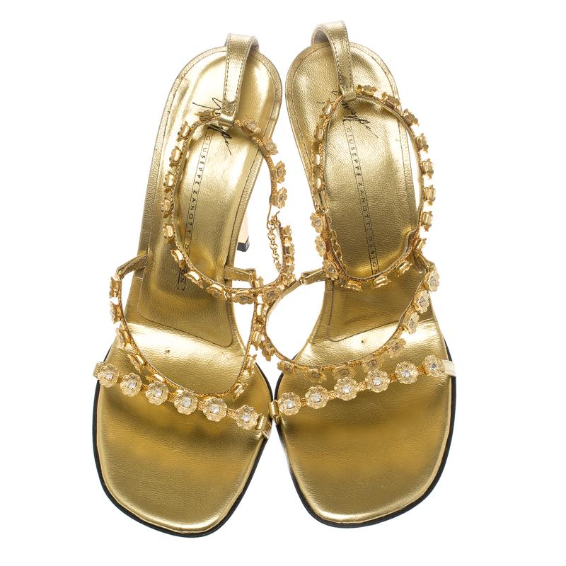 Giuseppe Zanotti Metallic Gold Flower Embellished Lola Strappy Sandals Size 37 In New Condition In Dubai, Al Qouz 2