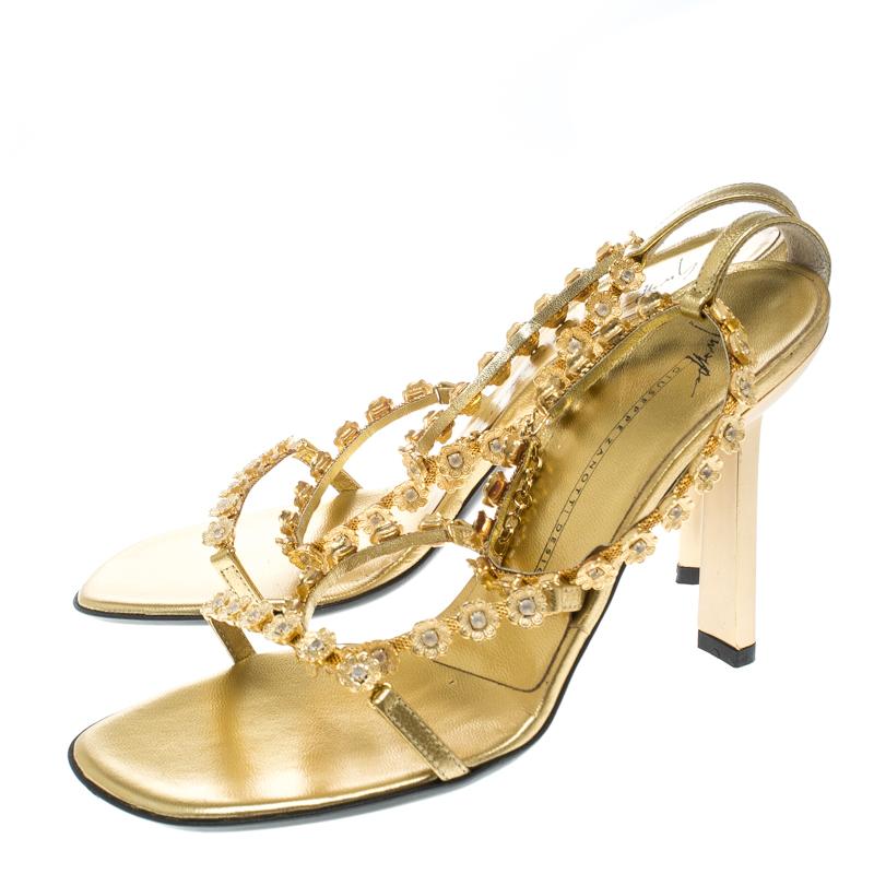 Women's Giuseppe Zanotti Metallic Gold Flower Embellished Lola Strappy Sandals Size 37