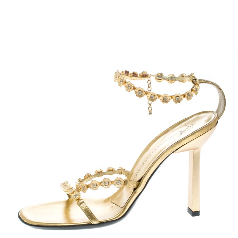 Giuseppe Zanotti Metallic Gold Flower Embellished Lola Strappy Sandals Size 37