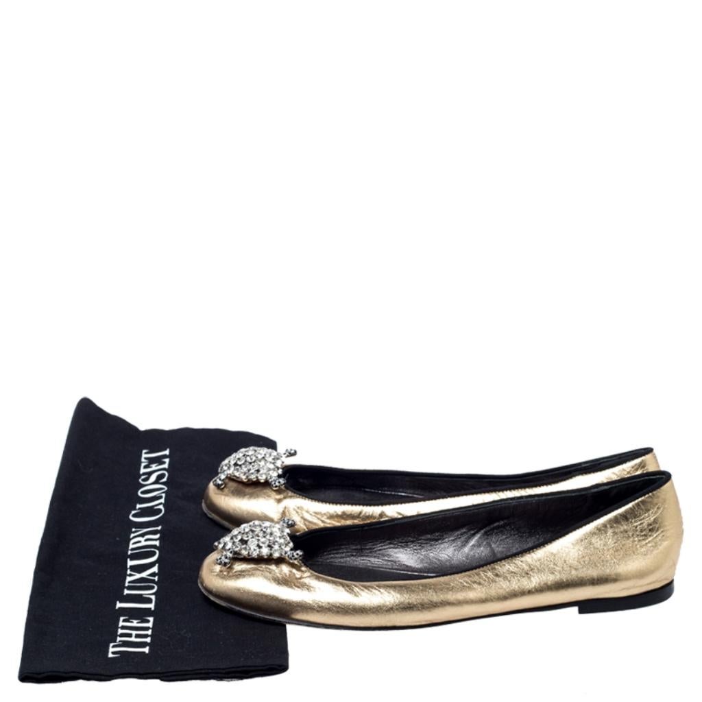 Giuseppe Zanotti Metallic Gold Leather Crystal Embellished Ballet Flats Size 38 3
