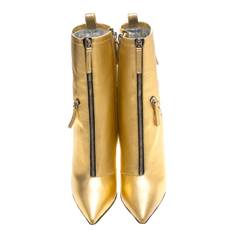 Giuseppe Zanotti Metallic Gold Leather Multi Zip Detail Pointed Boots Size 37.5 im Zustand „Gut“ in Dubai, Al Qouz 2