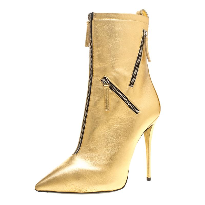 Giuseppe Zanotti Metallic Gold Leather Multi Zip Detail Pointed Boots Size 37.5