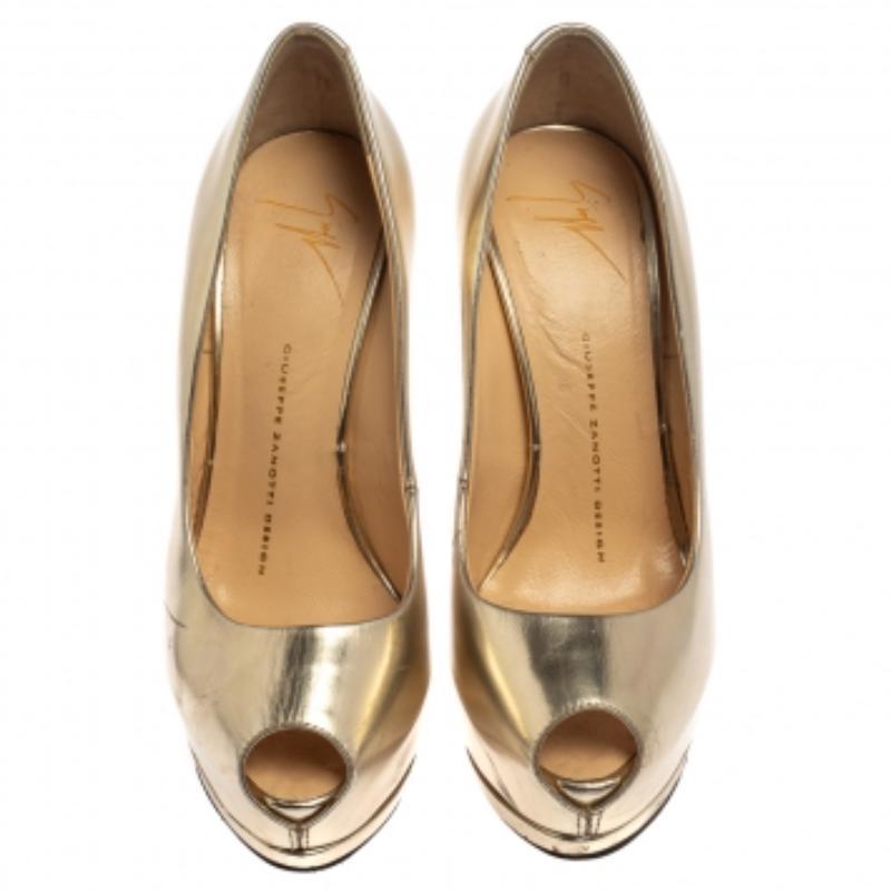 Giuseppe Zanotti Metallic Gold Leather Peep Toe Platform Pumps Size 36.5 For Sale 2