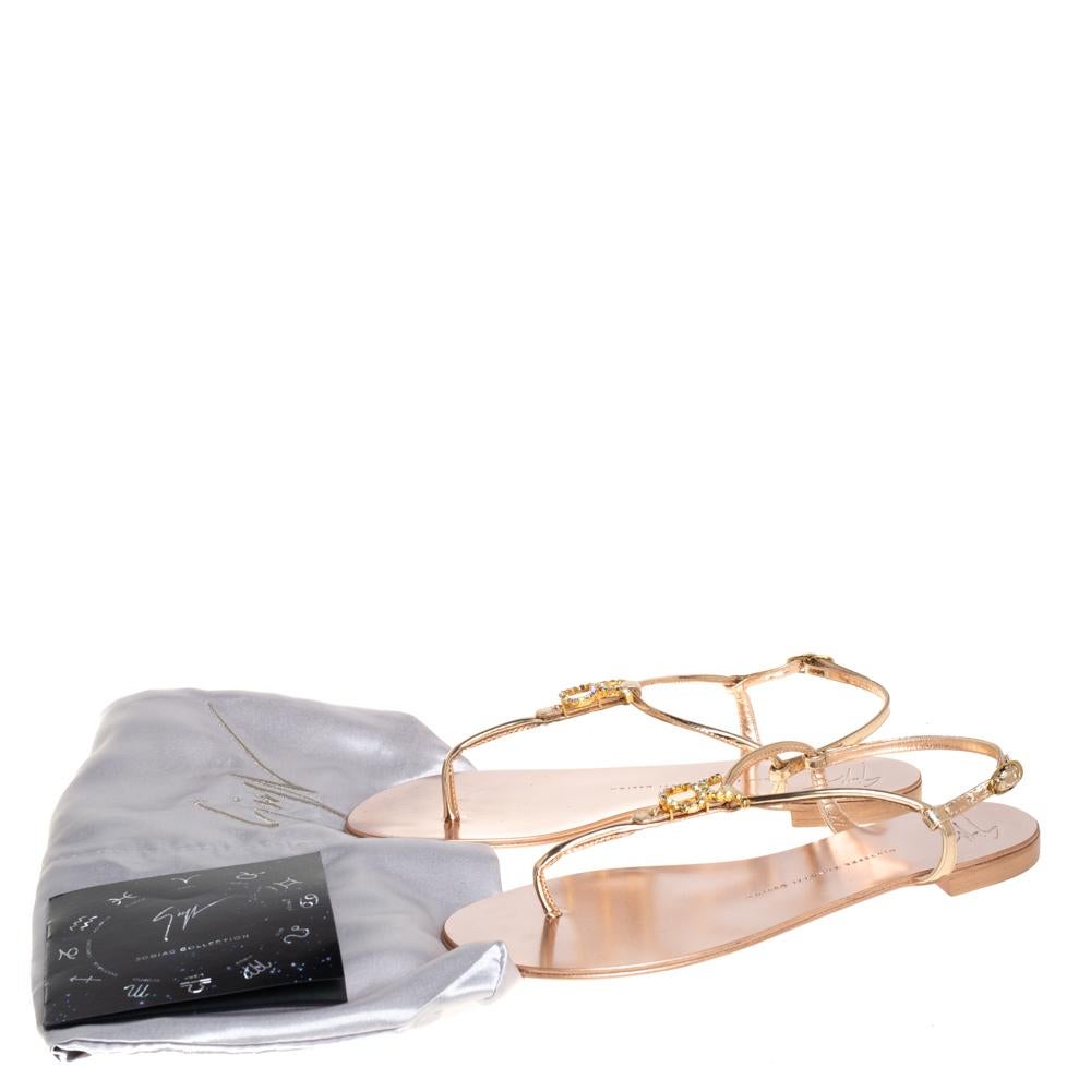 Giuseppe Zanotti Metallic Gold Leather Thong Flat Ankle Strap Sandals Size 39 1