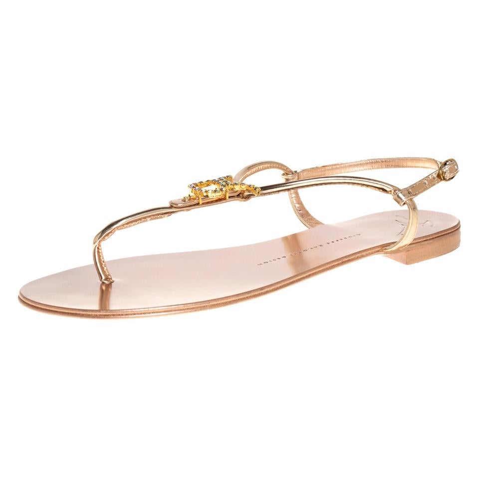 Giuseppe Zanotti Metallic Gold Leather Thong Flat Ankle Strap Size 39 at 1stDibs | gold thong flat sandals, giuseppe zanotti gold flat sandals, giuseppe zanotti sandals