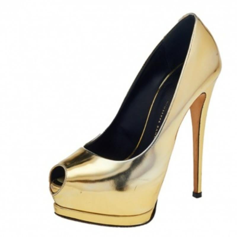 Giuseppe Zanotti Metallic Gold Mirror Leather Peep Toe Platform Pumps Size 37.5 2