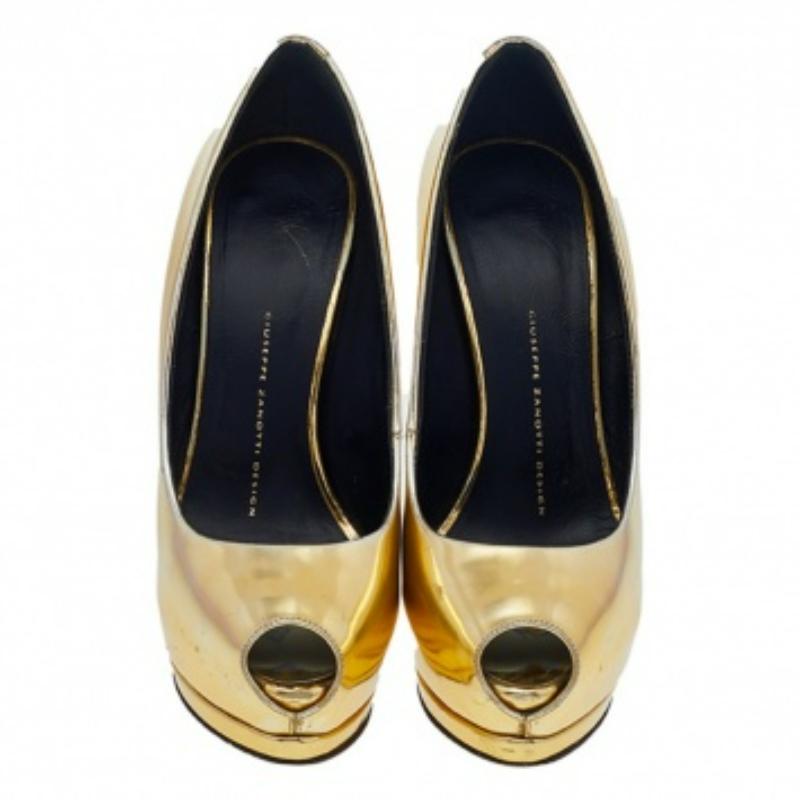 Giuseppe Zanotti Metallic Gold Mirror Leather Peep Toe Platform Pumps Size 37.5 3