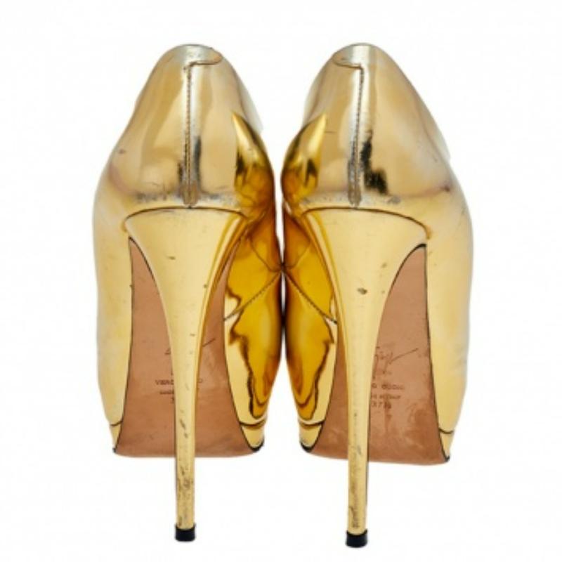 Giuseppe Zanotti Metallic Gold Mirror Leather Peep Toe Platform Pumps Size 37.5 4