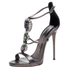 Giuseppe Zanotti Metallic Grey Crystal Embellished Strappy Sandals Size 40