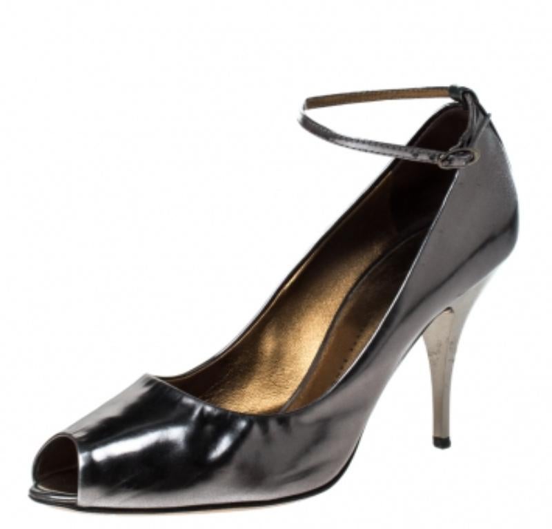 Giuseppe Zanotti Metallic Grau Leder Peep Top Riemchen Pumps Größe 39 Damen im Angebot