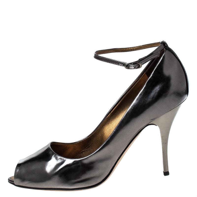 Women's Giuseppe Zanotti Metallic Grey Leather Peep Top Ankle Strap Pumps Size 39 For Sale