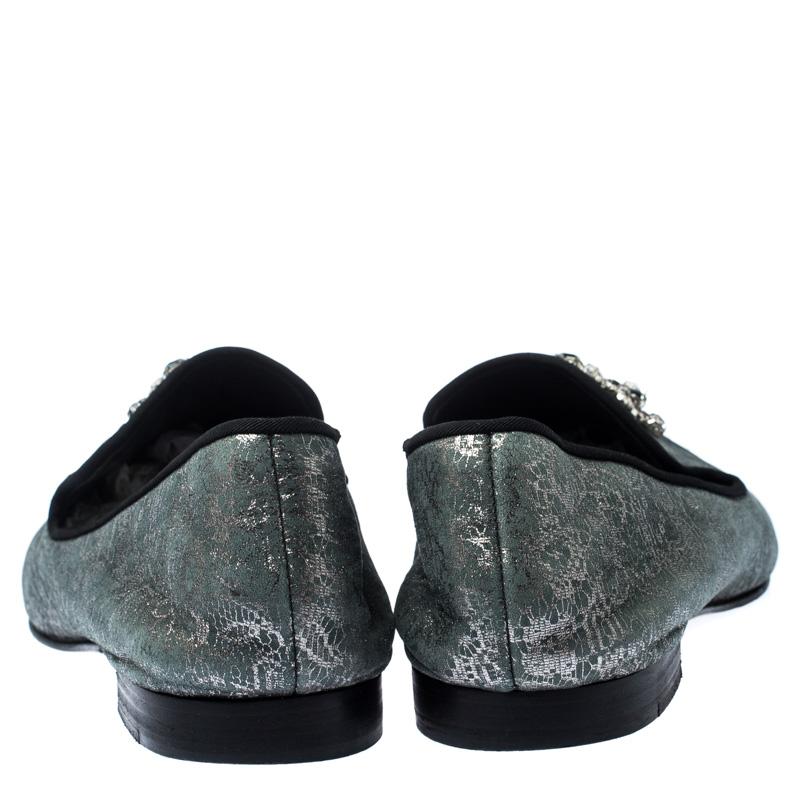 Black Giuseppe Zanotti Metallic Grey/Light Green Crystal Slip On Loafers Size 44