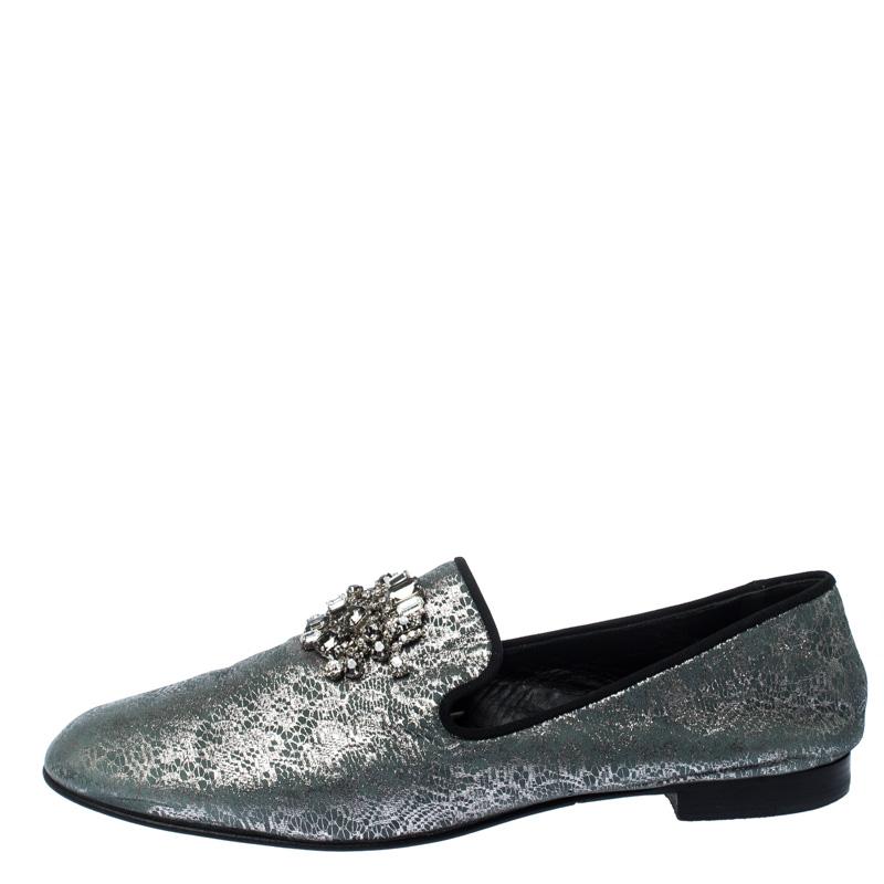 Men's Giuseppe Zanotti Metallic Grey/Light Green Crystal Slip On Loafers Size 44