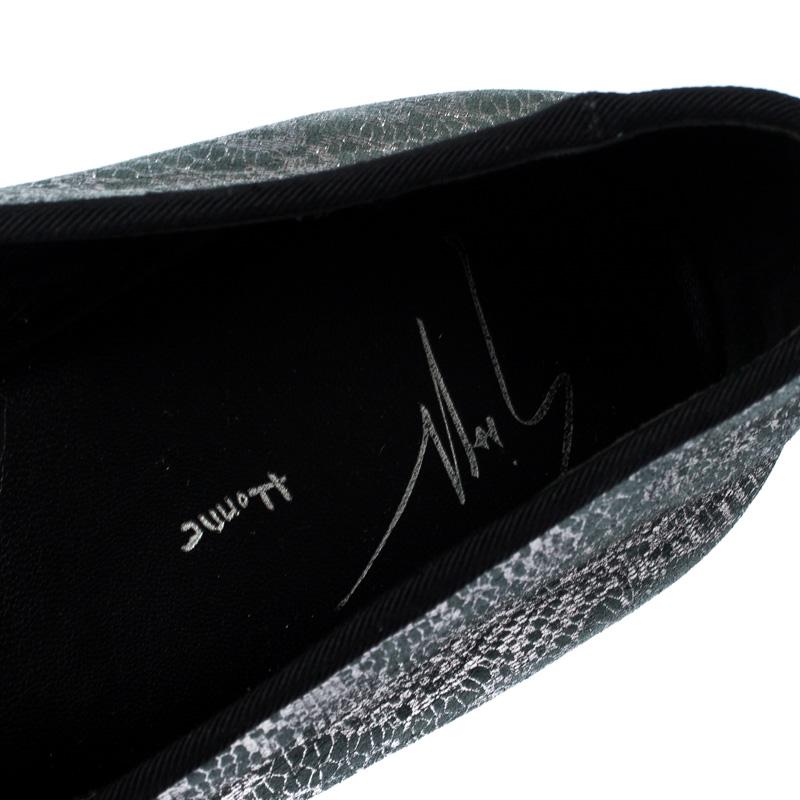 Giuseppe Zanotti Metallic Grey/Light Green Crystal Slip On Loafers Size 44 1