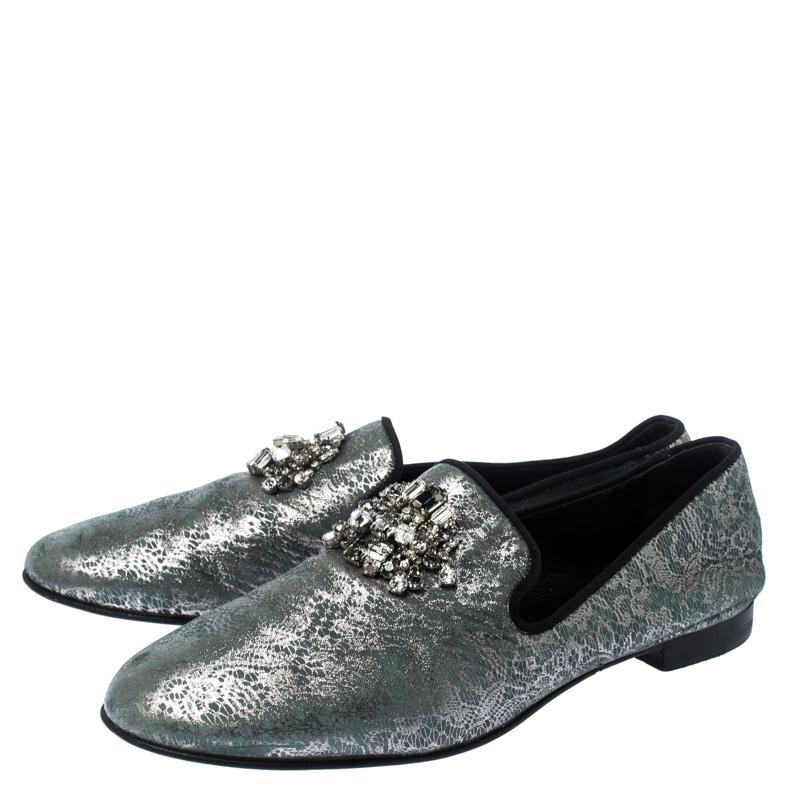 Giuseppe Zanotti Metallic Grey/Light Green Crystal Slip On Loafers Size 44 2