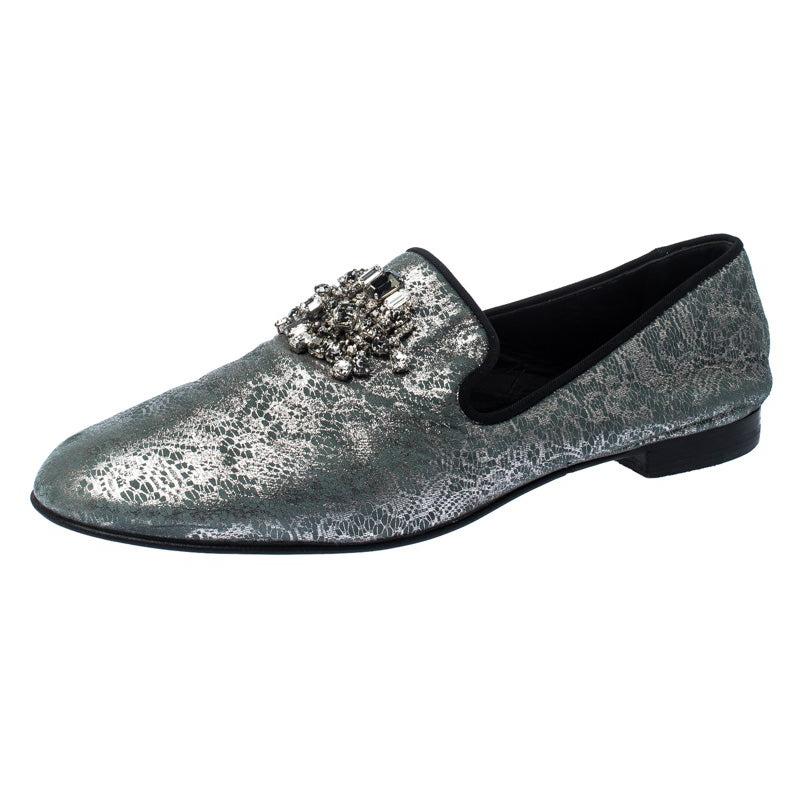 Giuseppe Zanotti Metallic Grey/Light Green Crystal Slip On Loafers Size 44
