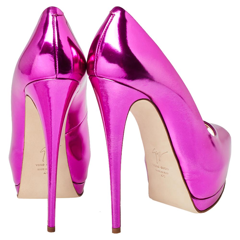 Women's Giuseppe Zanotti Metallic Pink Mirrored Leather Peep Toe Platform Pumps Size 40