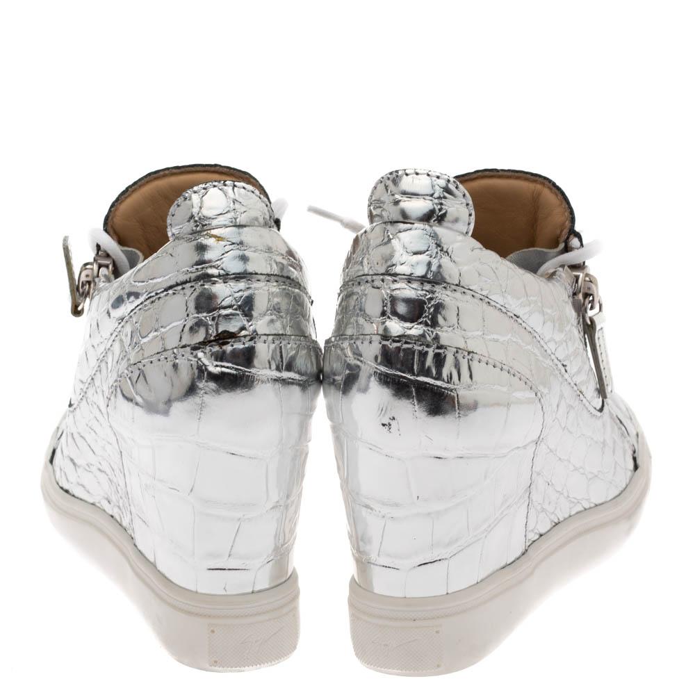 Women's Giuseppe Zanotti Metallic Silver Croc Embossed Zip Wedge Sneakers Size 37