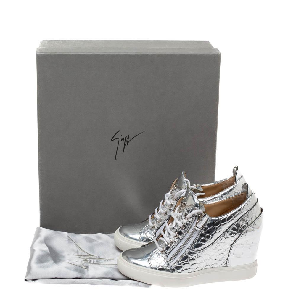 Giuseppe Zanotti Metallic Silver Croc Embossed Zip Wedge Sneakers Size 37 1