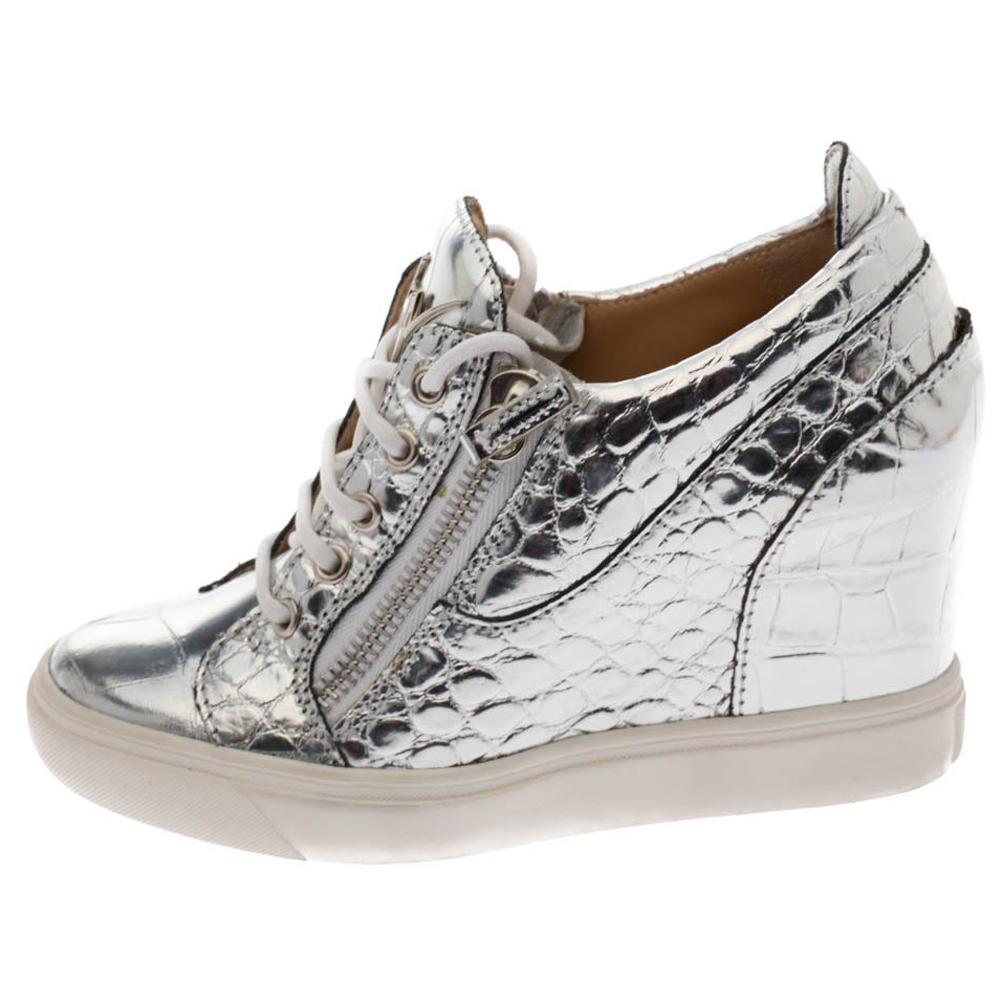 Giuseppe Zanotti Metallic Silver Croc Embossed Zip Wedge Sneakers Size 37