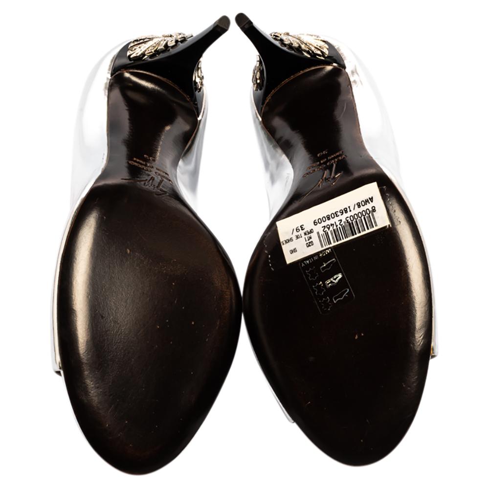 Giuseppe Zanotti Metallic Silver Leather Embellished Heel Open Toe Pumps Size 39 2