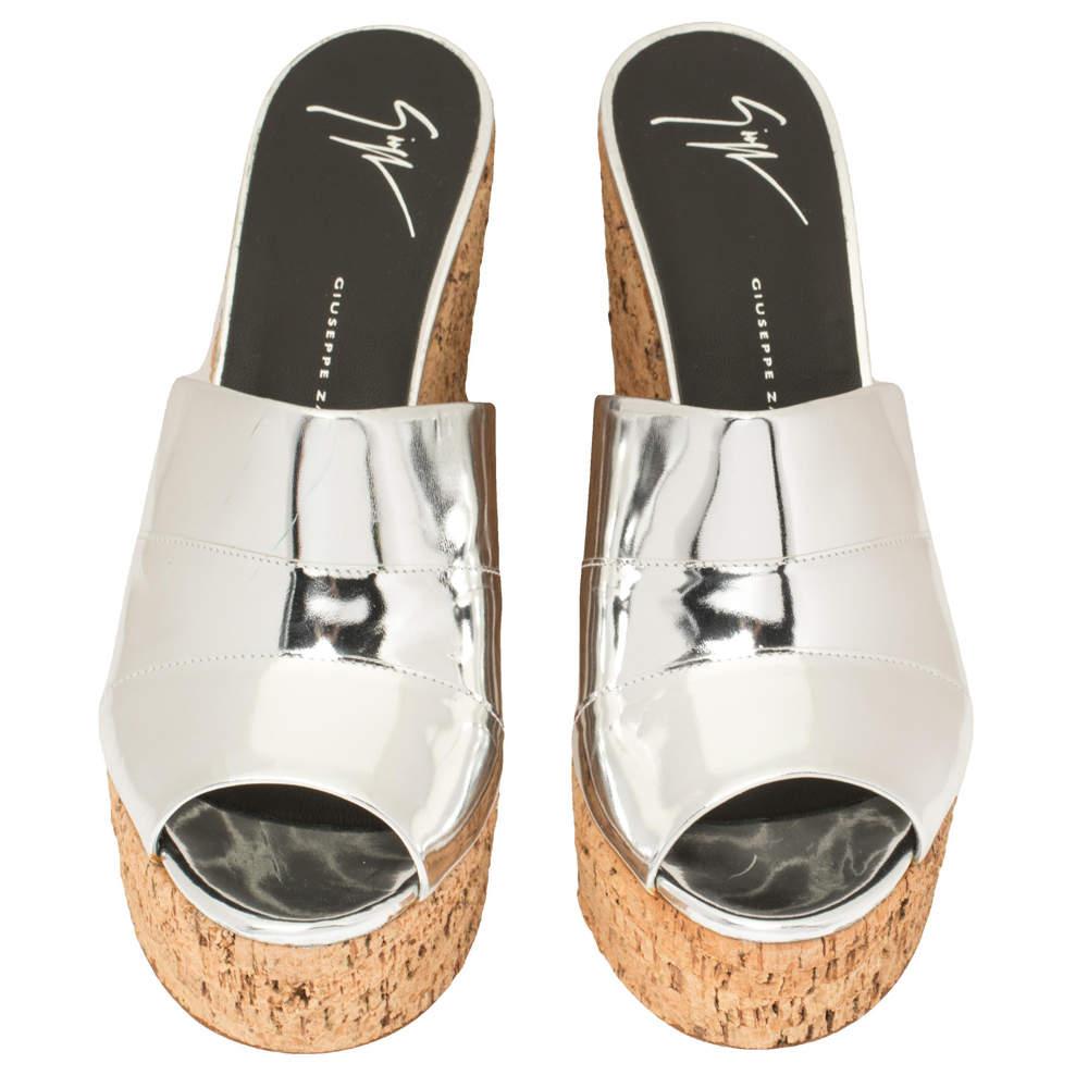 Brown Giuseppe Zanotti Metallic Silver Leather Roz Cork Wedge Slide Sandals Size 40