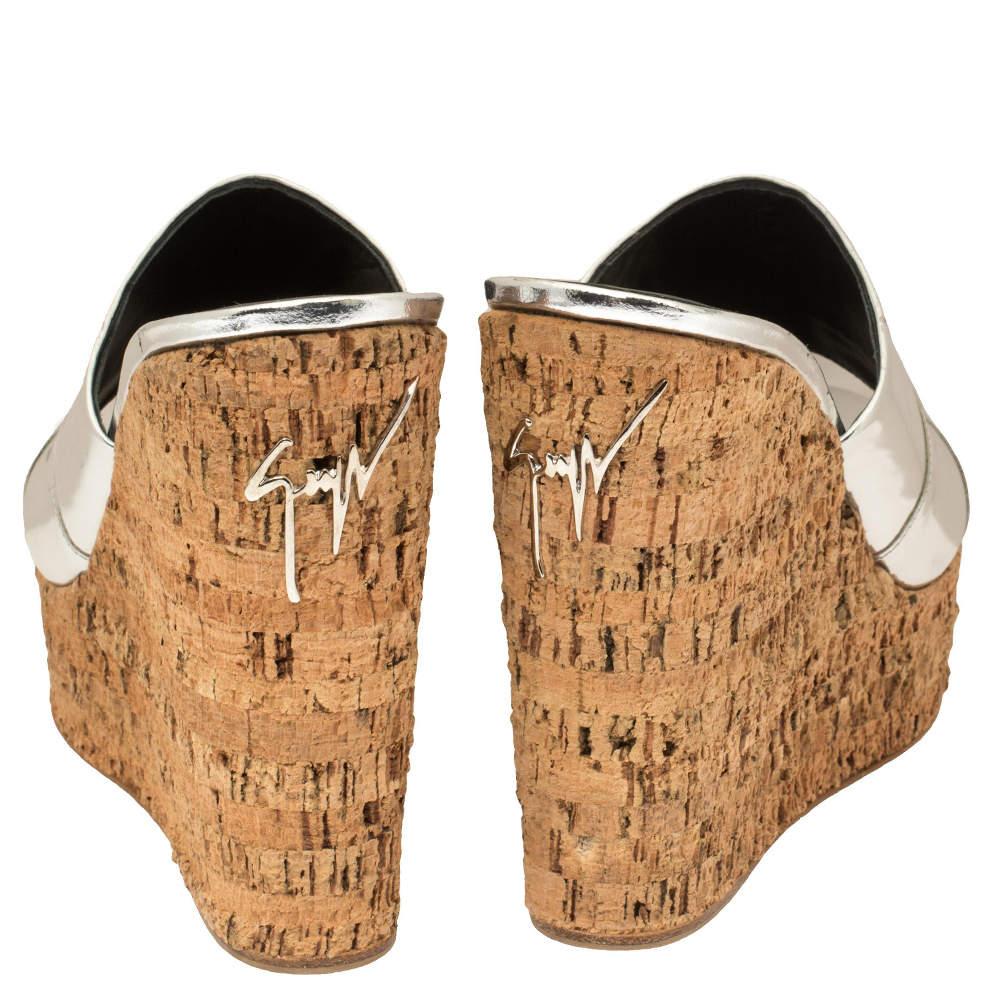 Women's Giuseppe Zanotti Metallic Silver Leather Roz Cork Wedge Slide Sandals Size 40