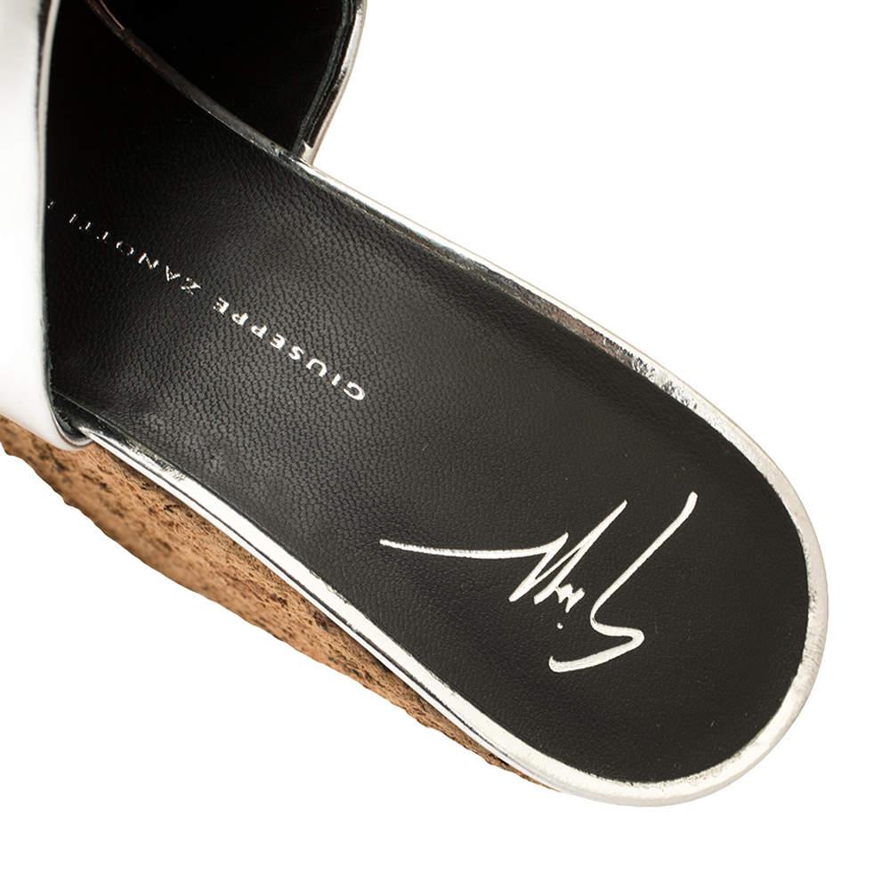 Giuseppe Zanotti Metallic Silver Leather Roz Cork Wedge Slide Sandals Size 40 2