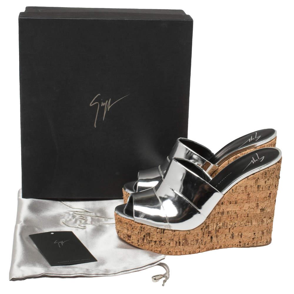 Giuseppe Zanotti Metallic Silver Leather Roz Cork Wedge Slide Sandals Size 40 3