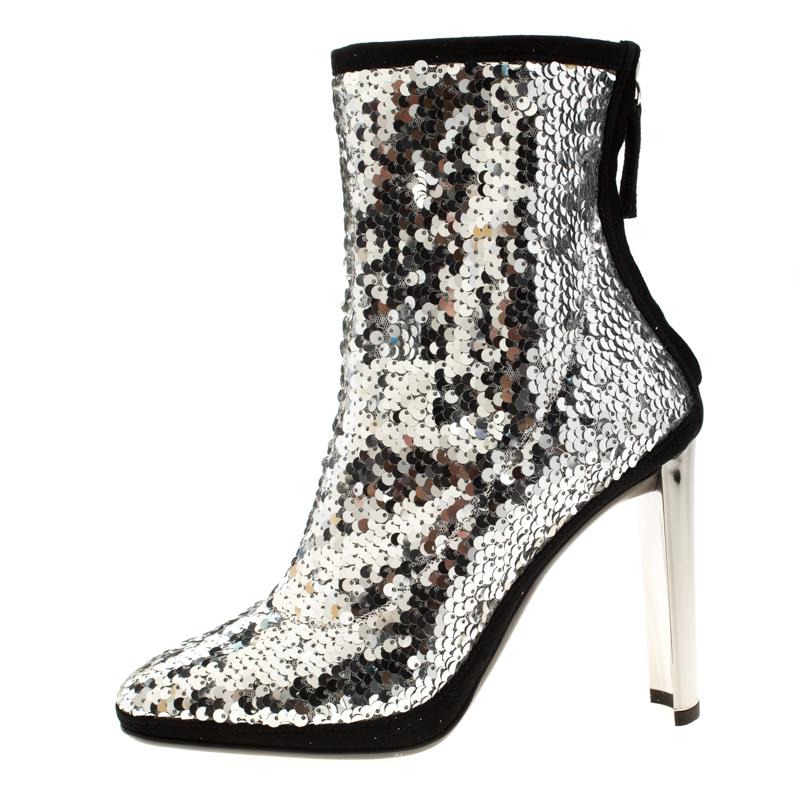 Giuseppe Zanotti Metallic Silver Sequin Stretch Ankle Boots Size 37 2