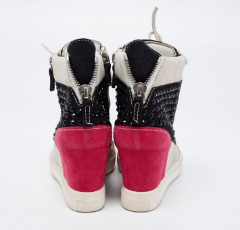 Beige Giuseppe Zanotti Multicolor Crystal Embellished Suede Wedge Sneakers Size 36 For Sale