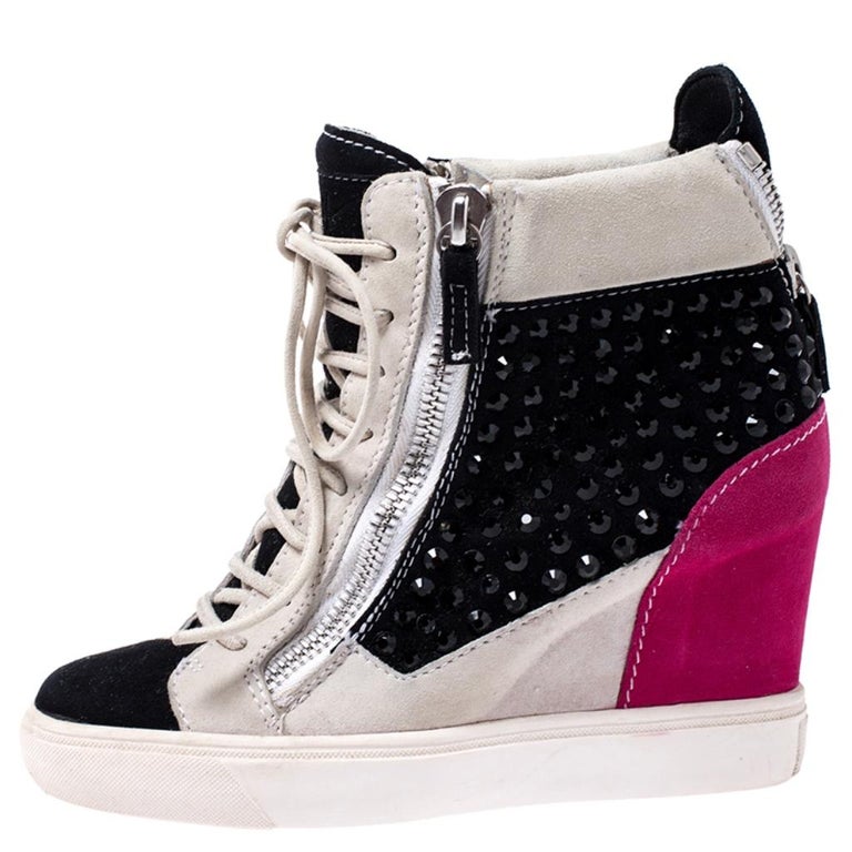 Giuseppe Zanotti Multicolor Crystal Embellished Suede Wedge Sneakers Size 36